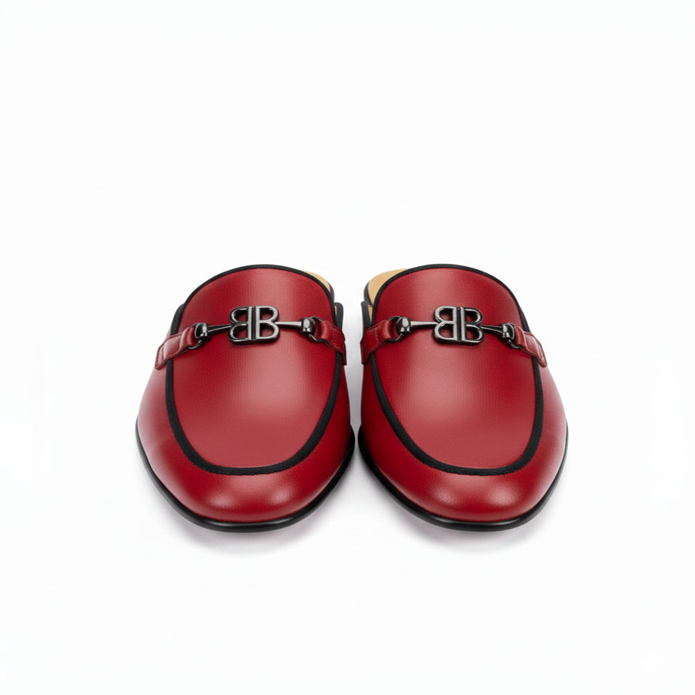 Stylish Red Leather Slip On Mule Shoe with Black Trim and Decorative Buckle